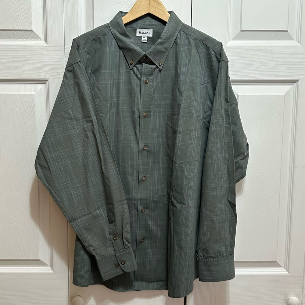 Men’s Haggar Collared Button Down Long Sleeve Shirt, Green Plaid, Size XXL